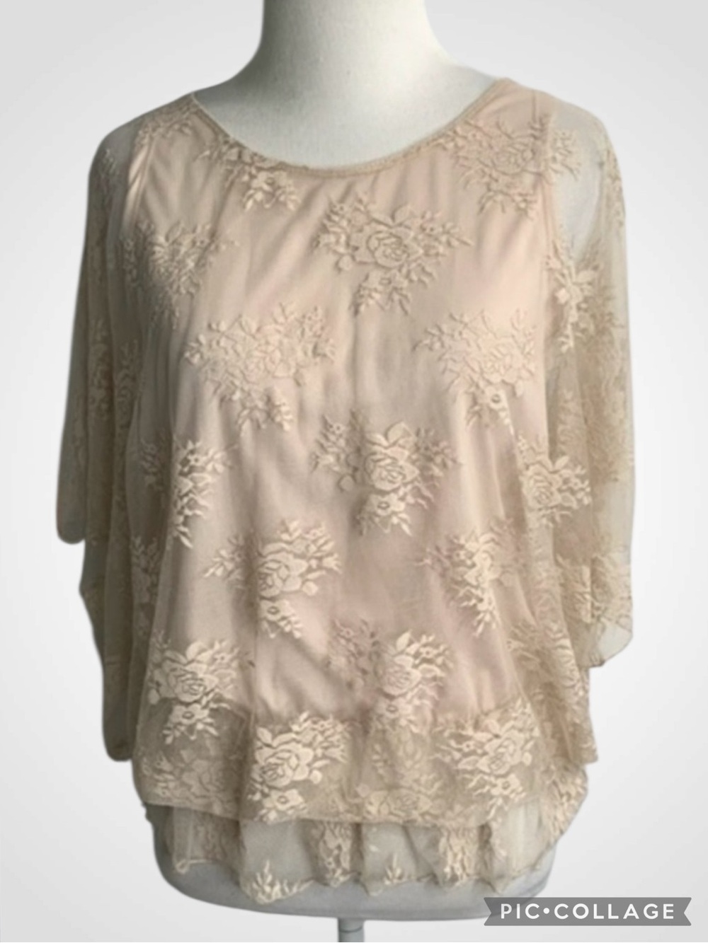 Poetry Nude Batwing Lace Overlay Round Neck Elastic Waist Blouse Top S